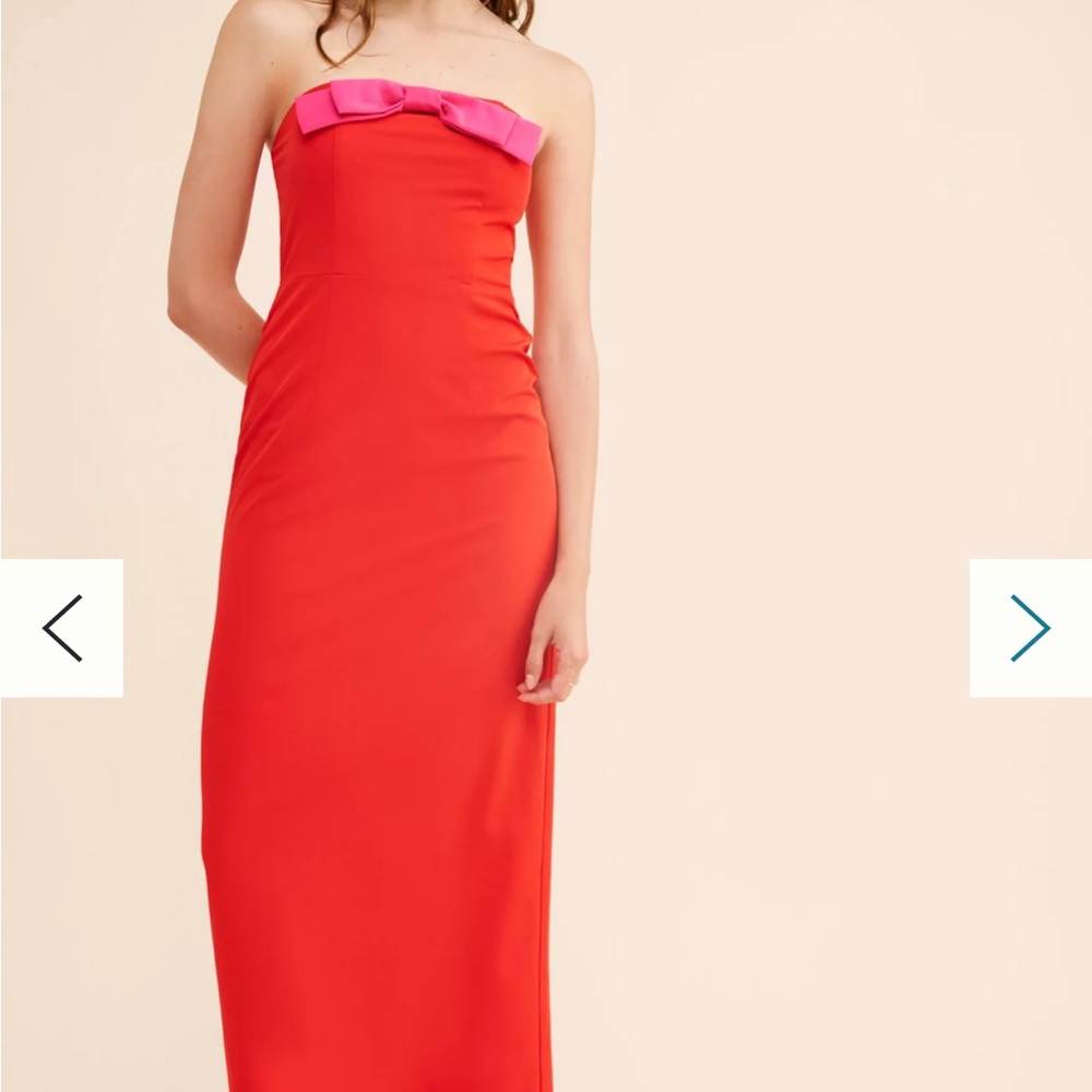 Elegant Red Strapless Dress with Pink Bow
